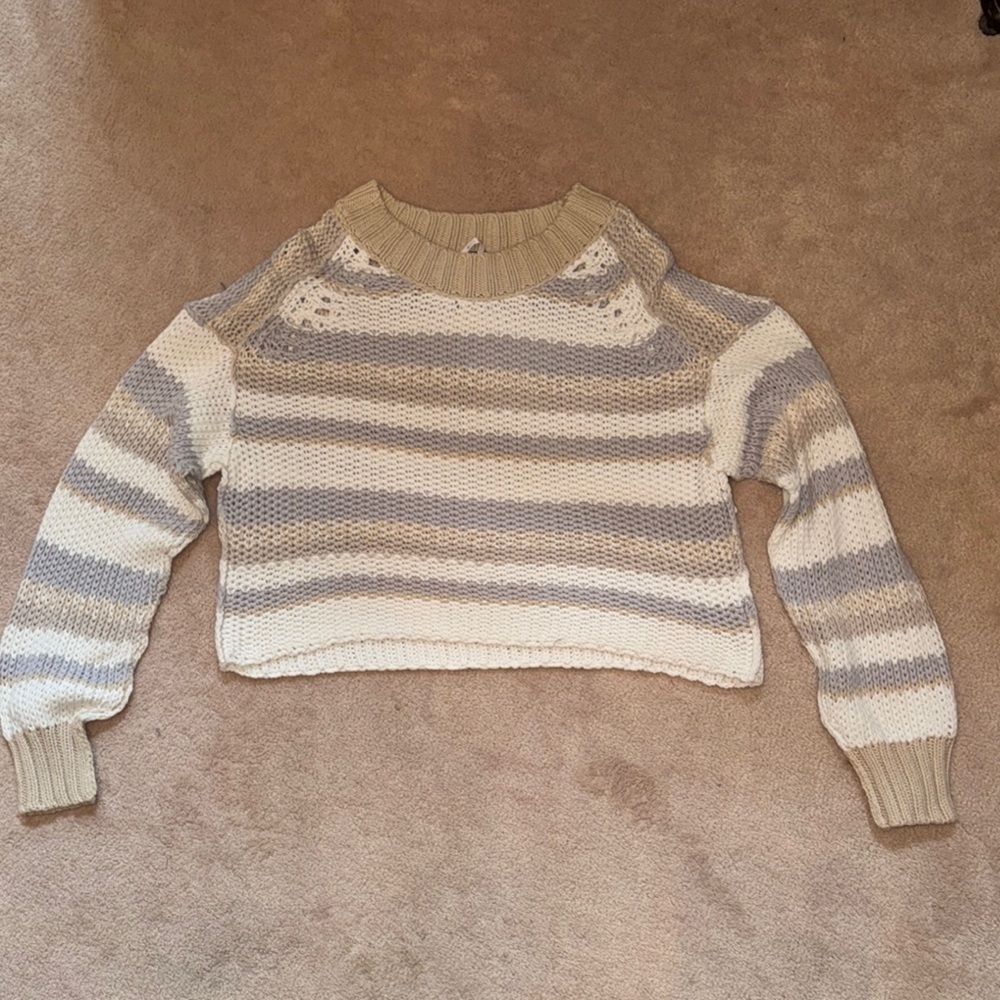 Free People Striped Scoop Neck Sweater in Ivory, Light Gray & Beige